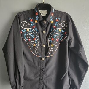 Stonebridge Vintage Embroidered Black Western Button Down Shirt Medium